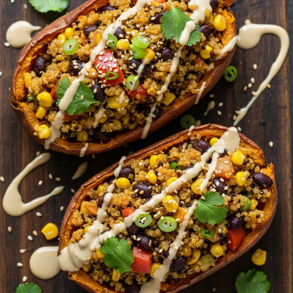 Savory Quinoa-Stuffed Sweet Potatoes with Maple Tahini Drizzle