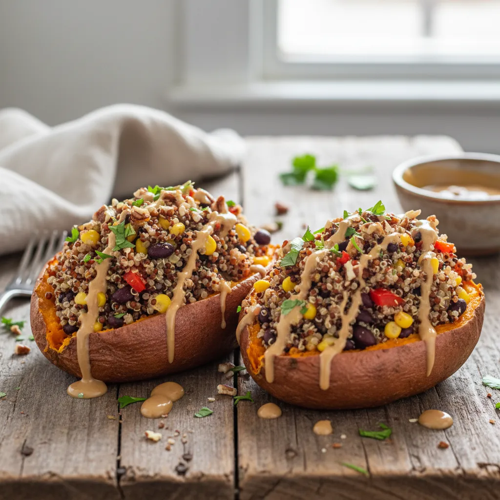 Savory Quinoa-Stuffed Sweet Potatoes with Maple Tahini Drizzle