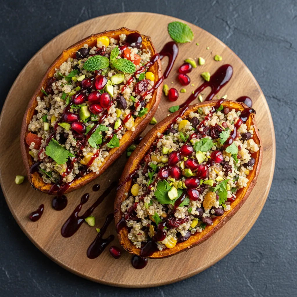 Savory Quinoa-Stuffed Sweet Potatoes with Pomegranate Drizzle