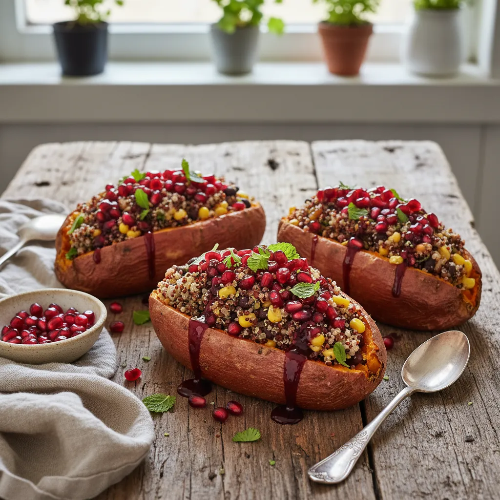 Savory Quinoa-Stuffed Sweet Potatoes with Pomegranate Drizzle