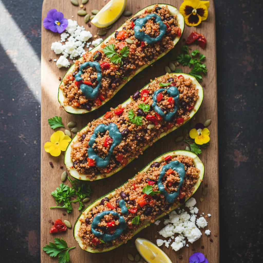 Savory Quinoa-Stuffed Zucchini Boats with Spirulina Drizzle