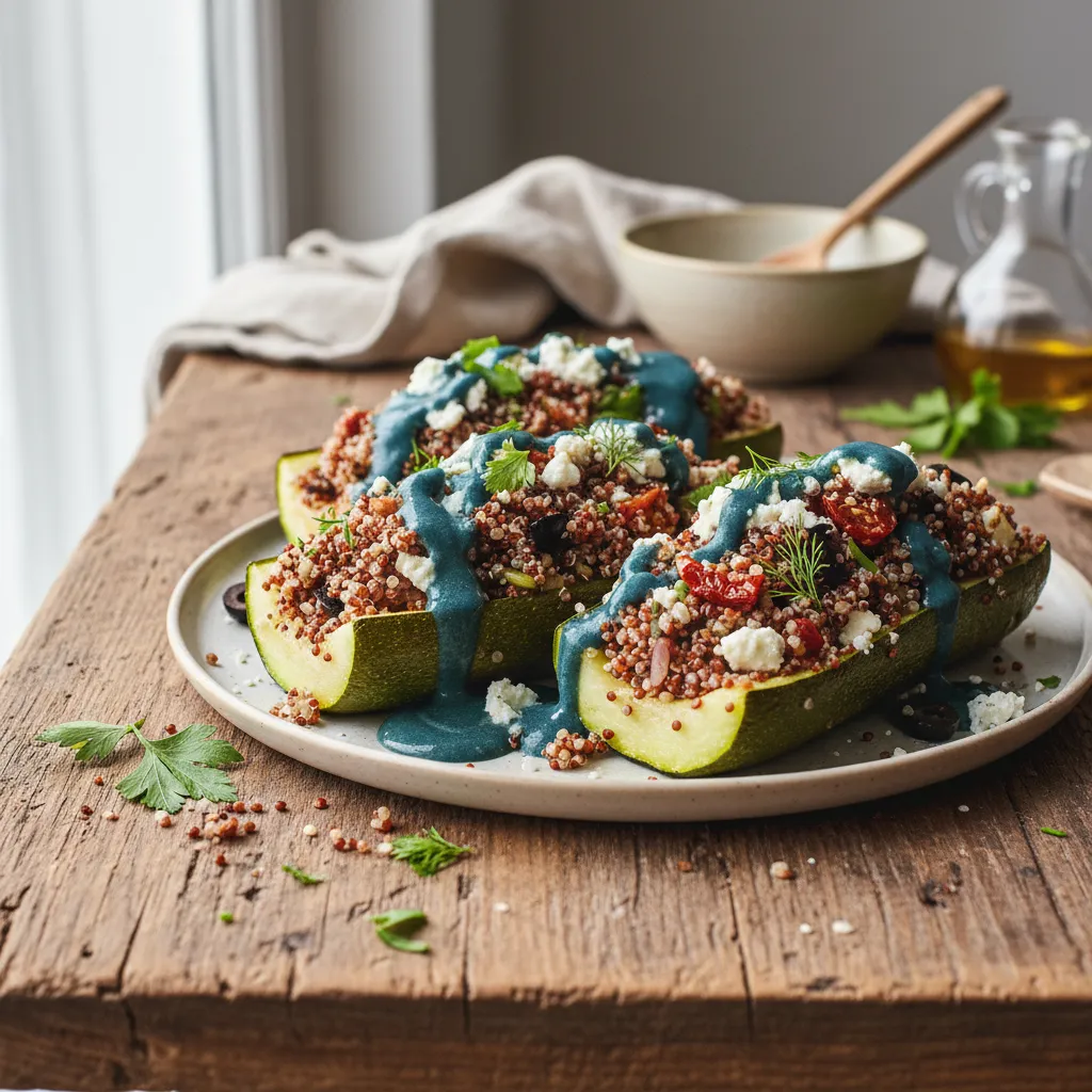 Savory Quinoa-Stuffed Zucchini Boats with Spirulina Drizzle