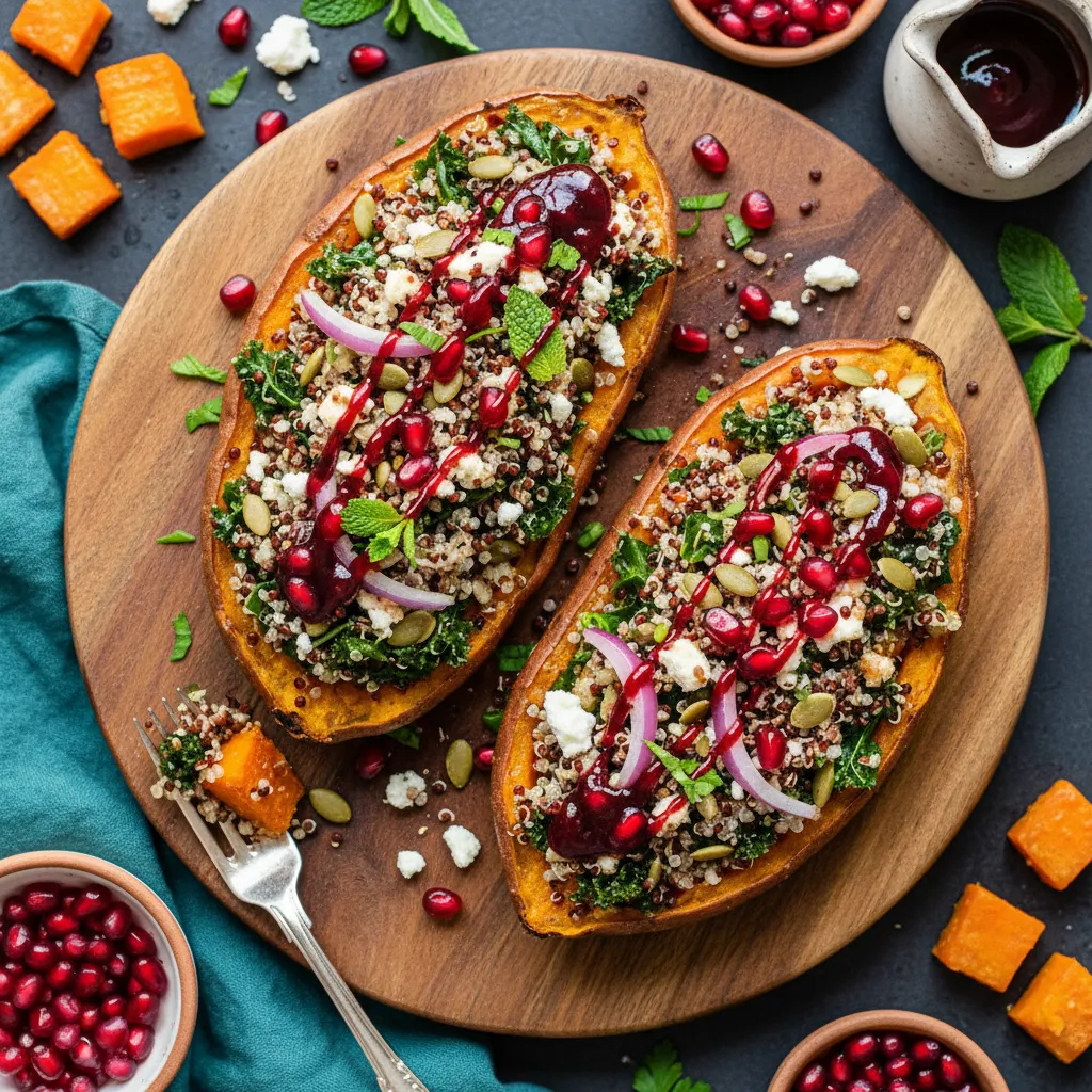 Savory Quinoa Stuffed Sweet Potatoes with Pomegranate Drizzle