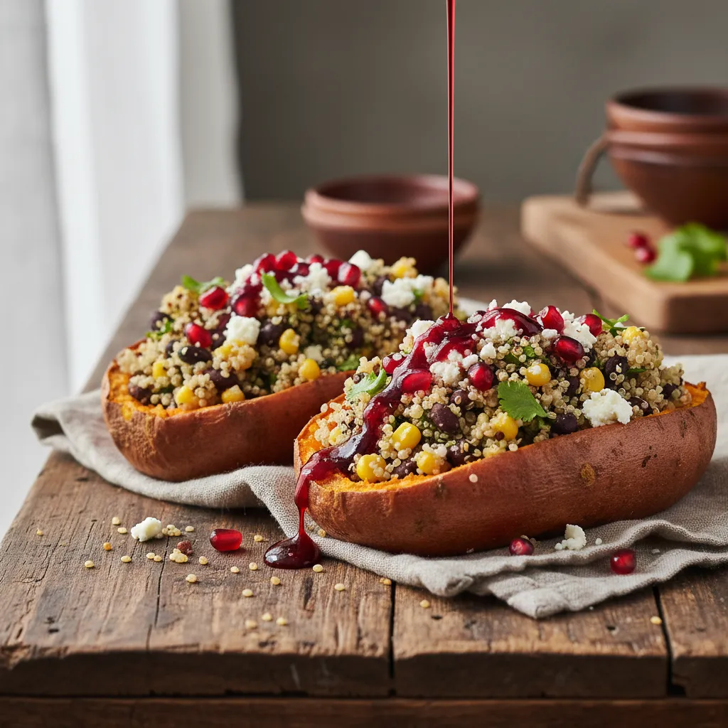 Savory Quinoa Stuffed Sweet Potatoes with Pomegranate Drizzle