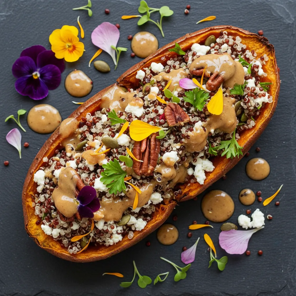 Savory Quinoa & Edible Flower Stuffed Sweet Potatoes with Maple Tahini Sauce