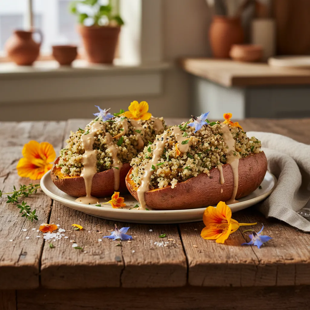 Savory Quinoa & Edible Flower Stuffed Sweet Potatoes with Maple Tahini Sauce