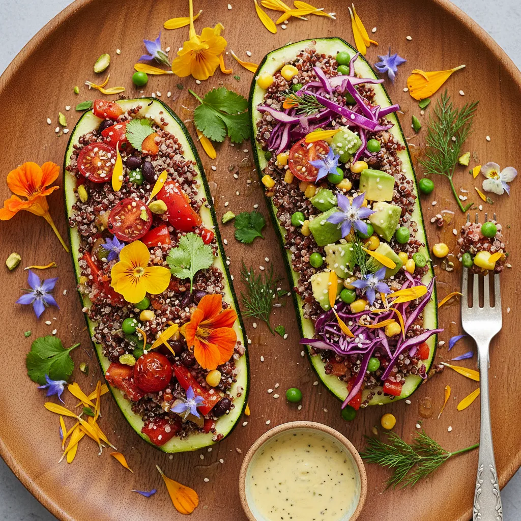 Savory Quinoa & Edible Flower Stuffed Zucchini Boats