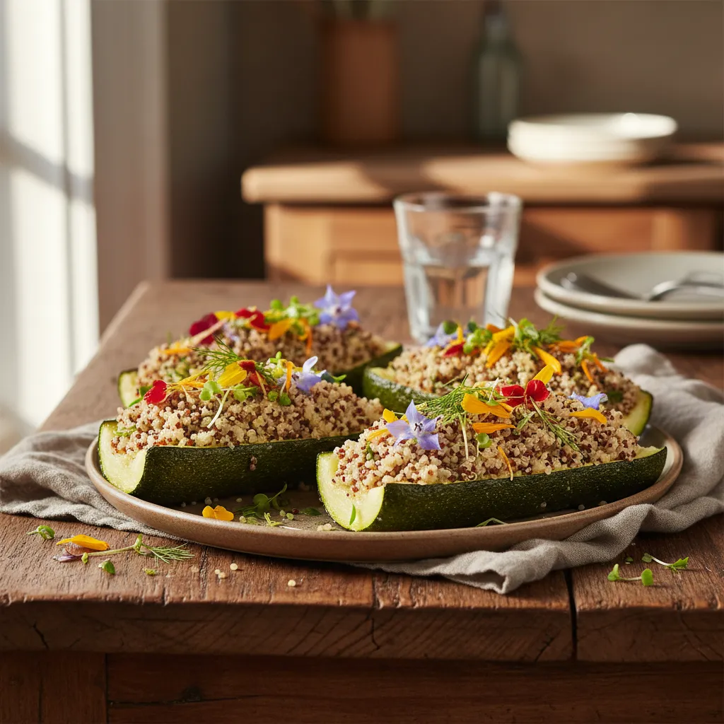 Savory Quinoa & Edible Flower Stuffed Zucchini Boats