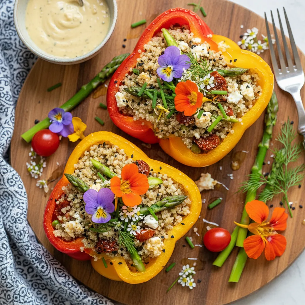 Savory Quinoa and Asparagus Stuffed Bell Peppers with Edible Flowers