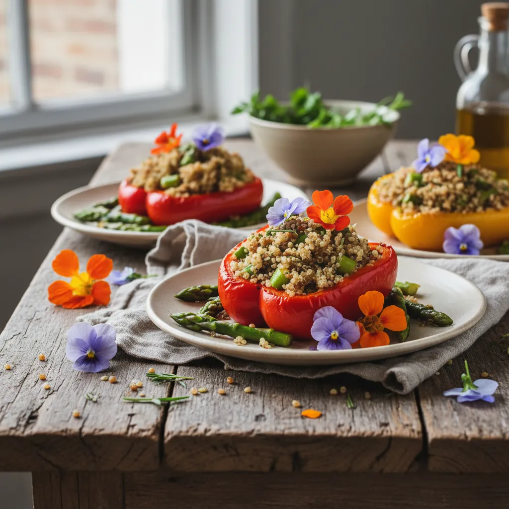 Savory Quinoa and Asparagus Stuffed Bell Peppers with Edible Flowers