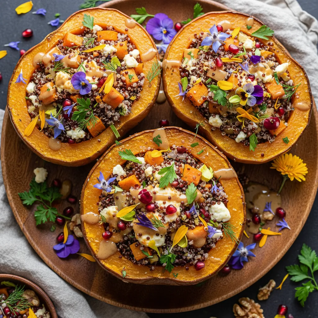 Savory Quinoa and Edible Flower Stuffed Winter Squash