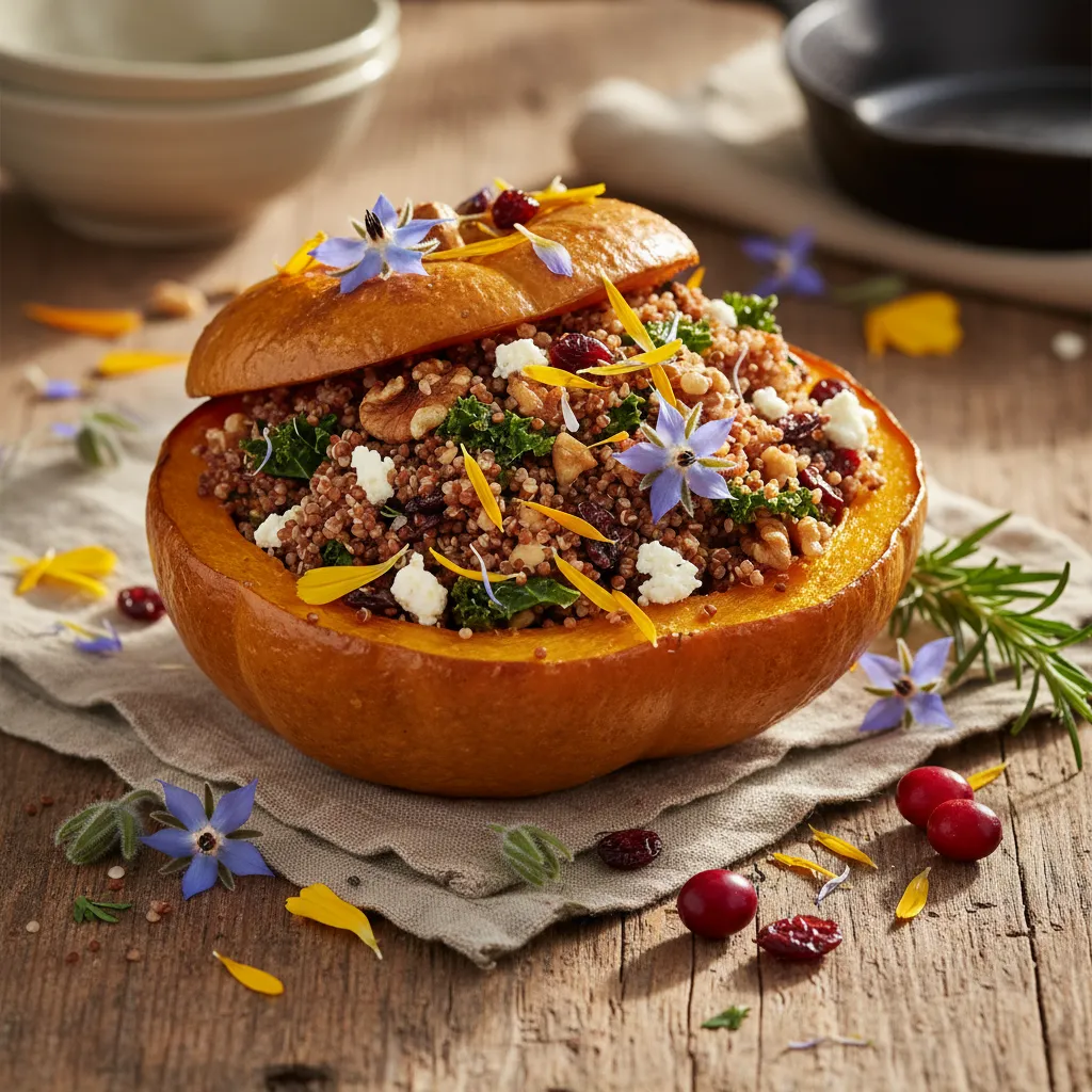 Savory Quinoa and Edible Flower Stuffed Winter Squash