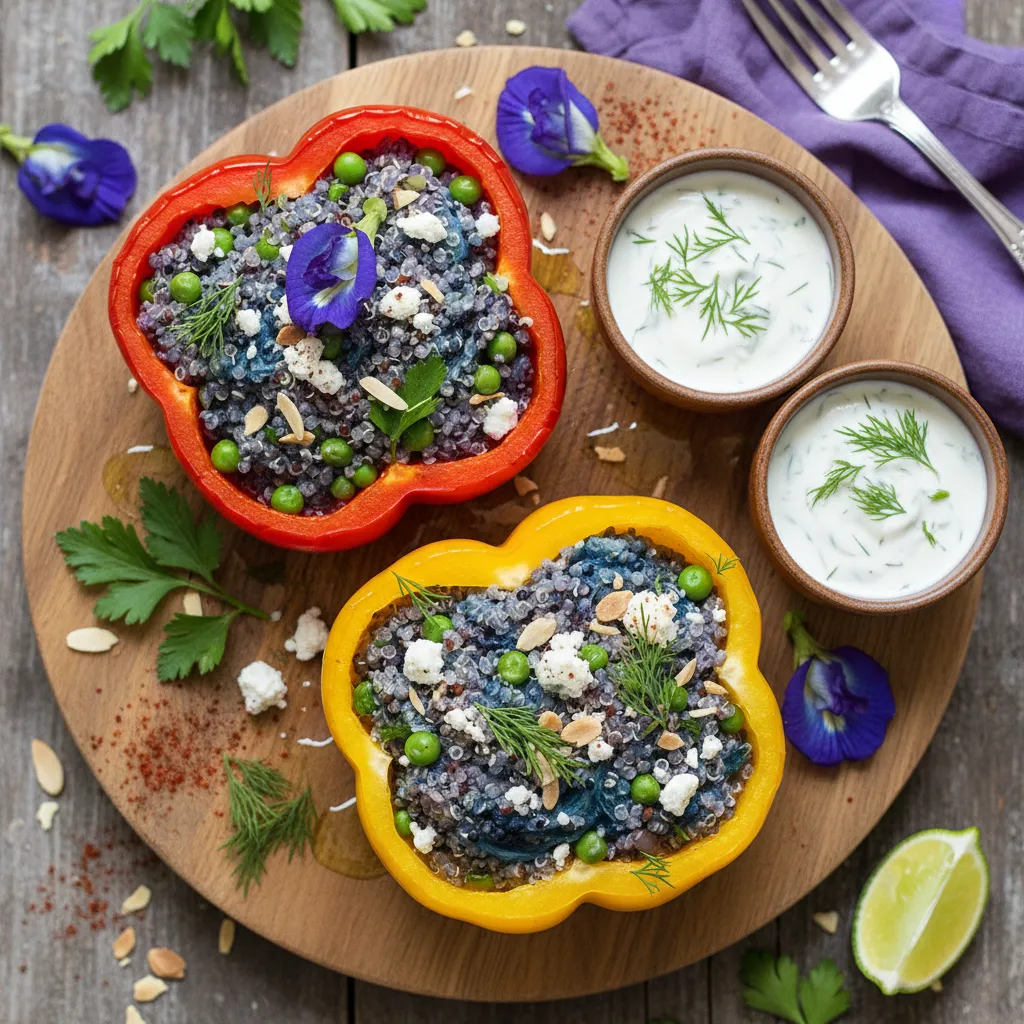 Savory Quinoa and Pea Flower Stuffed Bell Peppers