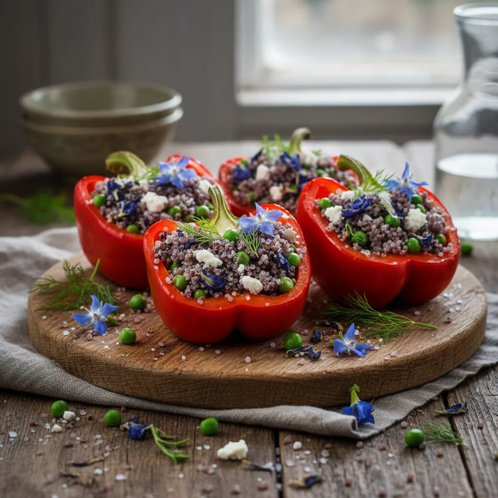 Savory Quinoa and Pea Flower Stuffed Bell Peppers