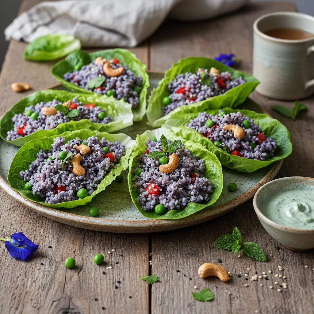 Savory Quinoa and Pea Flower Vegan Lettuce Wraps