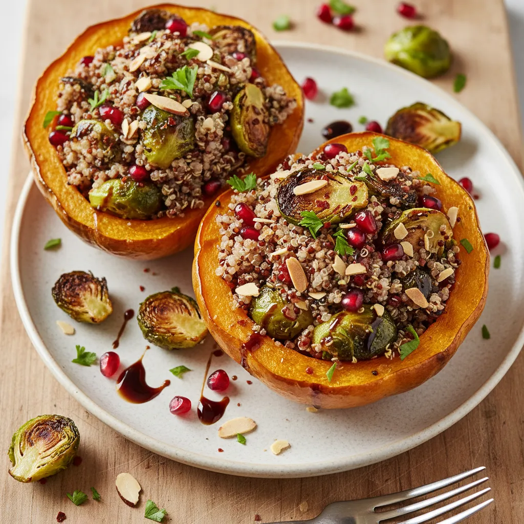 Savory Quinoa and Roasted Brussels Sprout Stuffed Delicata Squash