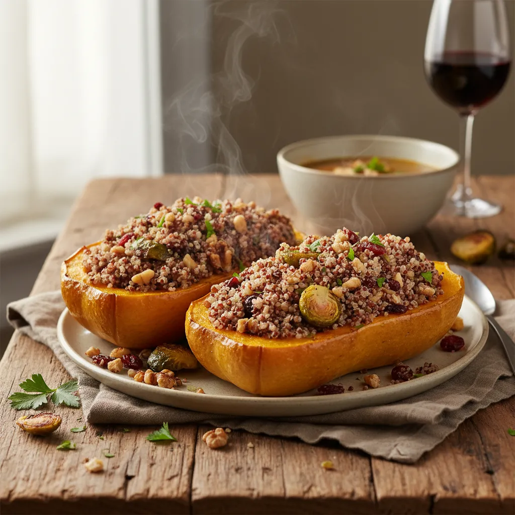 Savory Quinoa and Roasted Brussels Sprout Stuffed Delicata Squash
