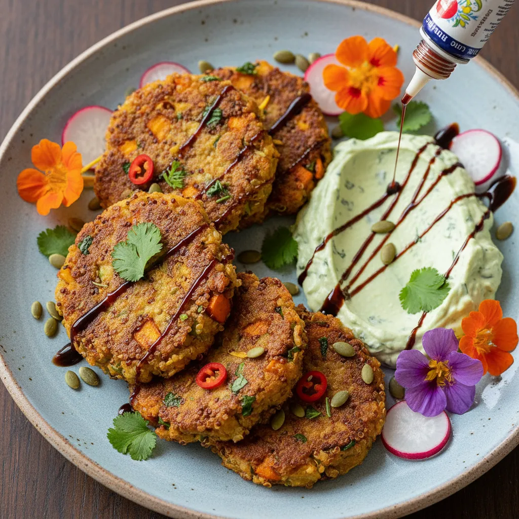Savory Quinoa and Roasted Pumpkin Fritters with Garlic Avocado Cream