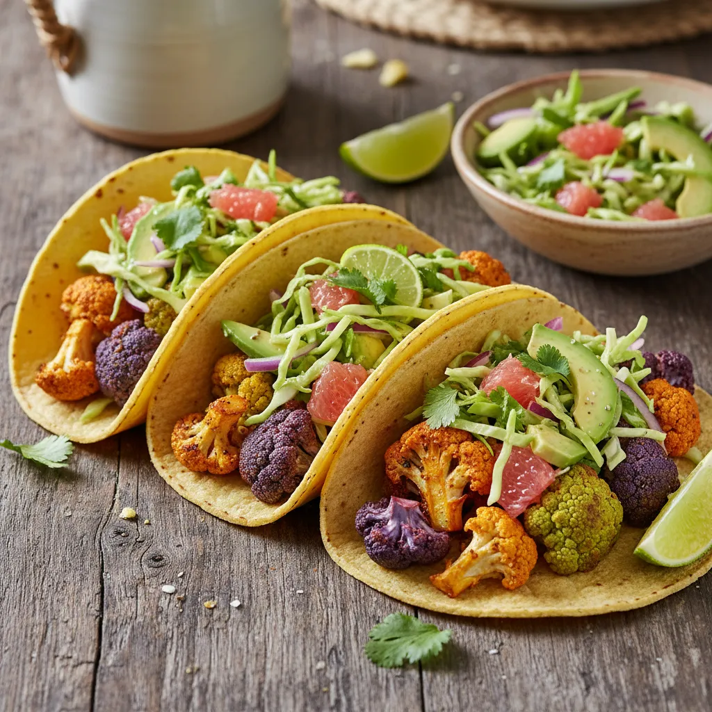 Savory Rainbow Cauliflower Tacos with Avocado Citrus Slaw