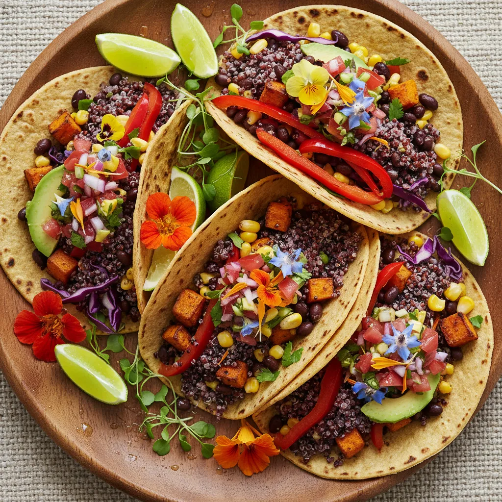 Savory Rainbow Vegetable Quinoa Tacos with Edible Flower Salsa