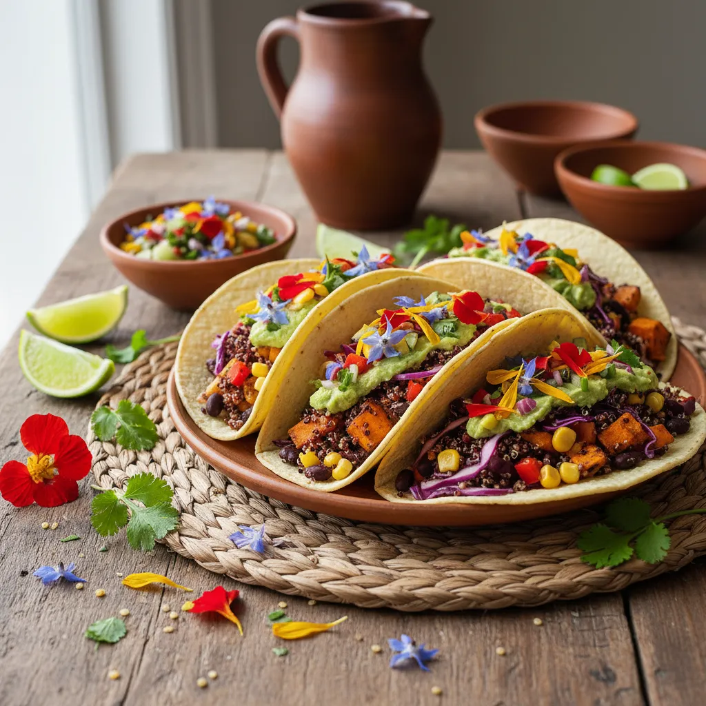 Savory Rainbow Vegetable Quinoa Tacos with Edible Flower Salsa