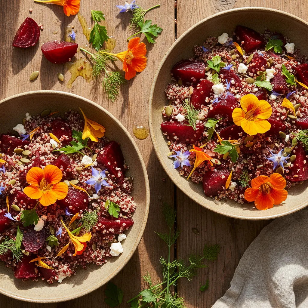 Savory Roasted Beet and Edible Flower Quinoa Bowls
