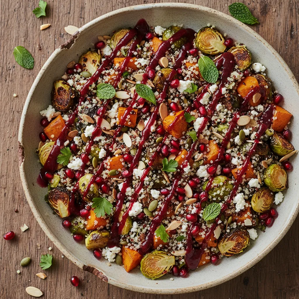 Savory Roasted Brussels Sprouts and Quinoa Salad with Pomegranate Drizzle