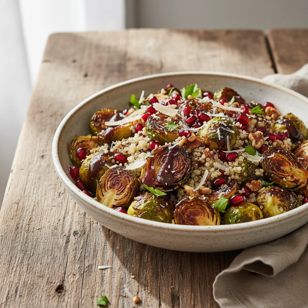 Savory Roasted Brussels Sprouts and Quinoa Salad with Pomegranate Drizzle