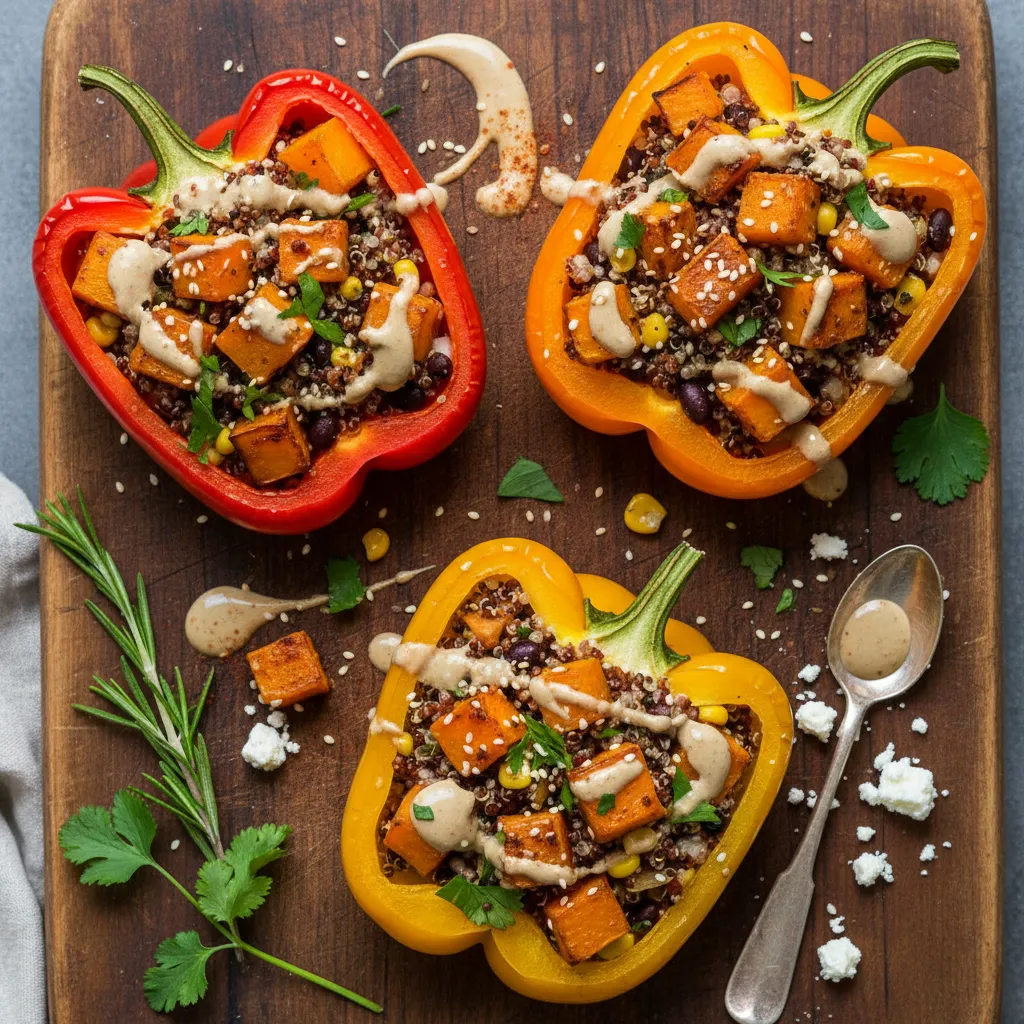 Savory Roasted Butternut Squash and Quinoa Stuffed Peppers with Tahini Drizzle