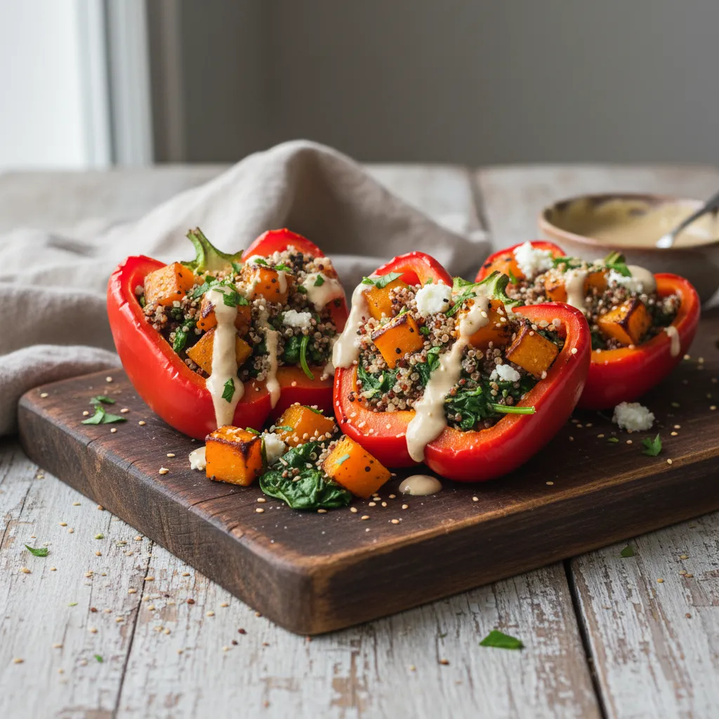 Savory Roasted Butternut Squash and Quinoa Stuffed Peppers with Tahini Drizzle