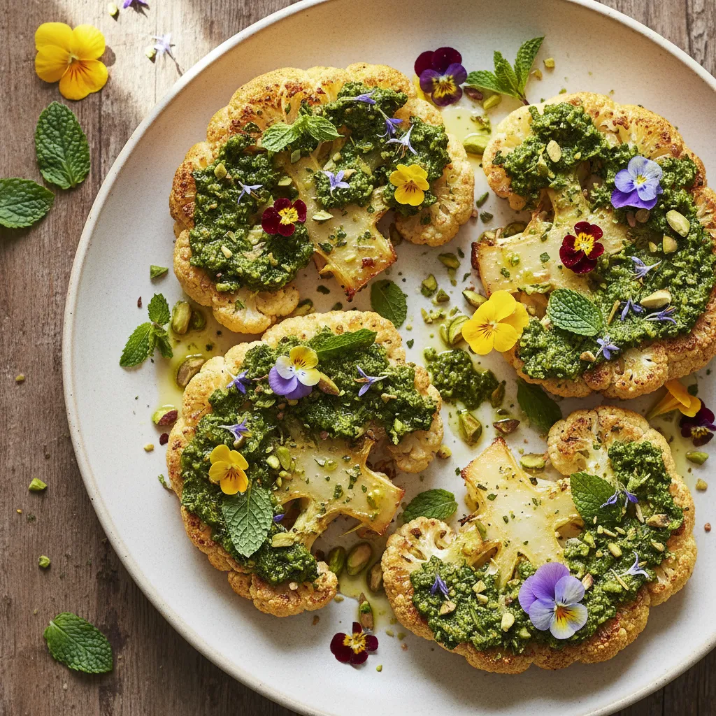Savory Roasted Cauliflower Steaks with Minted Edible Flower Pesto