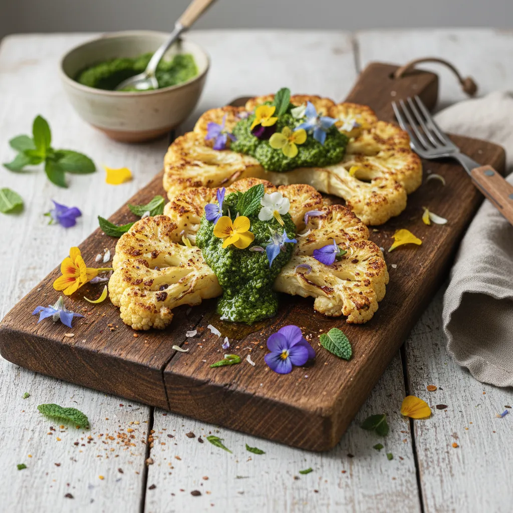 Savory Roasted Cauliflower Steaks with Minted Edible Flower Pesto