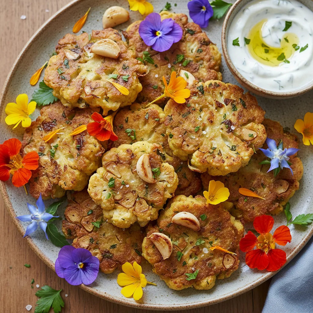 Savory Roasted Garlic and Cauliflower Fritters with Edible Flowers