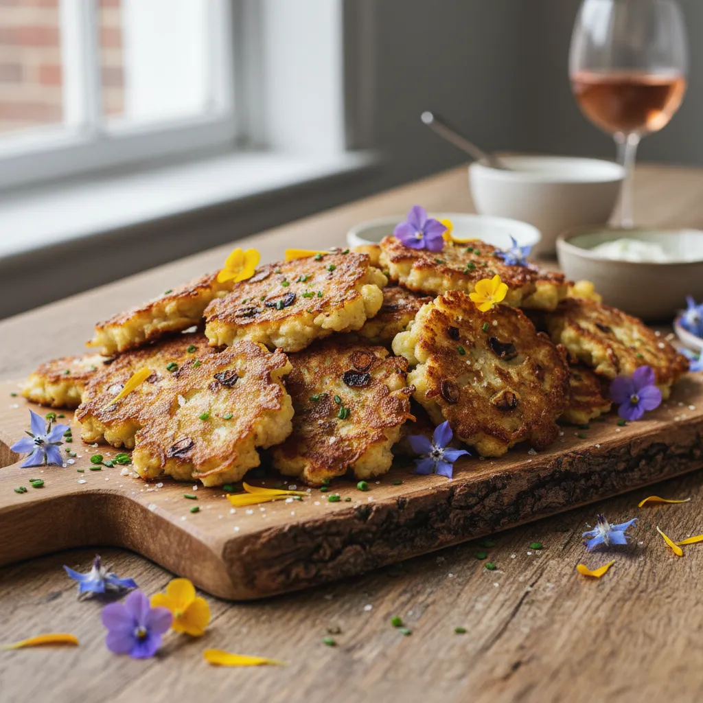 Savory Roasted Garlic and Cauliflower Fritters with Edible Flowers