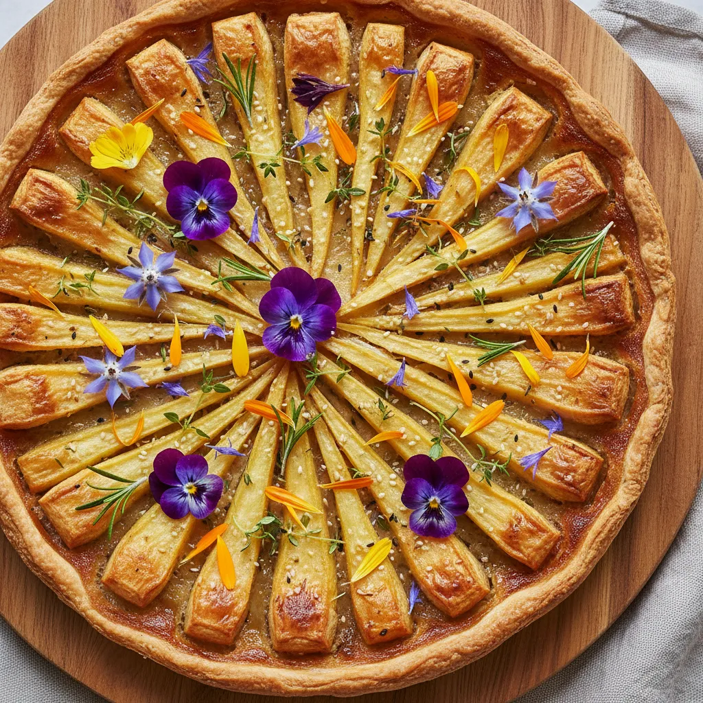 Savory Roasted Parsnip and Edible Flower Tart