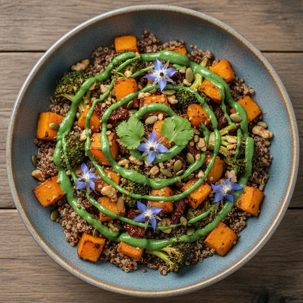 Savory Roasted Pumpkin Quinoa Bowl with Spirulina Drizzle