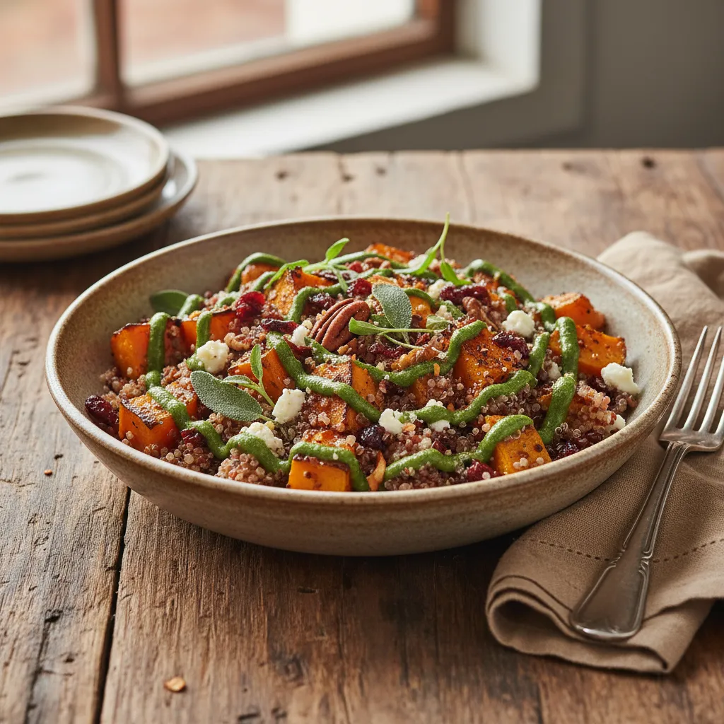 Savory Roasted Pumpkin Quinoa Bowl with Spirulina Drizzle