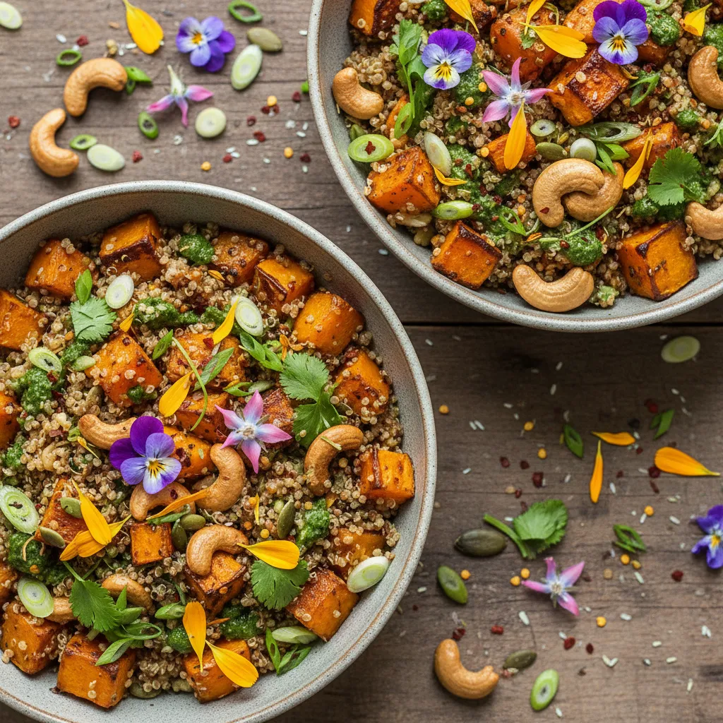 Savory Roasted Pumpkin and Cashew Quinoa Bowls with Edible Flowers