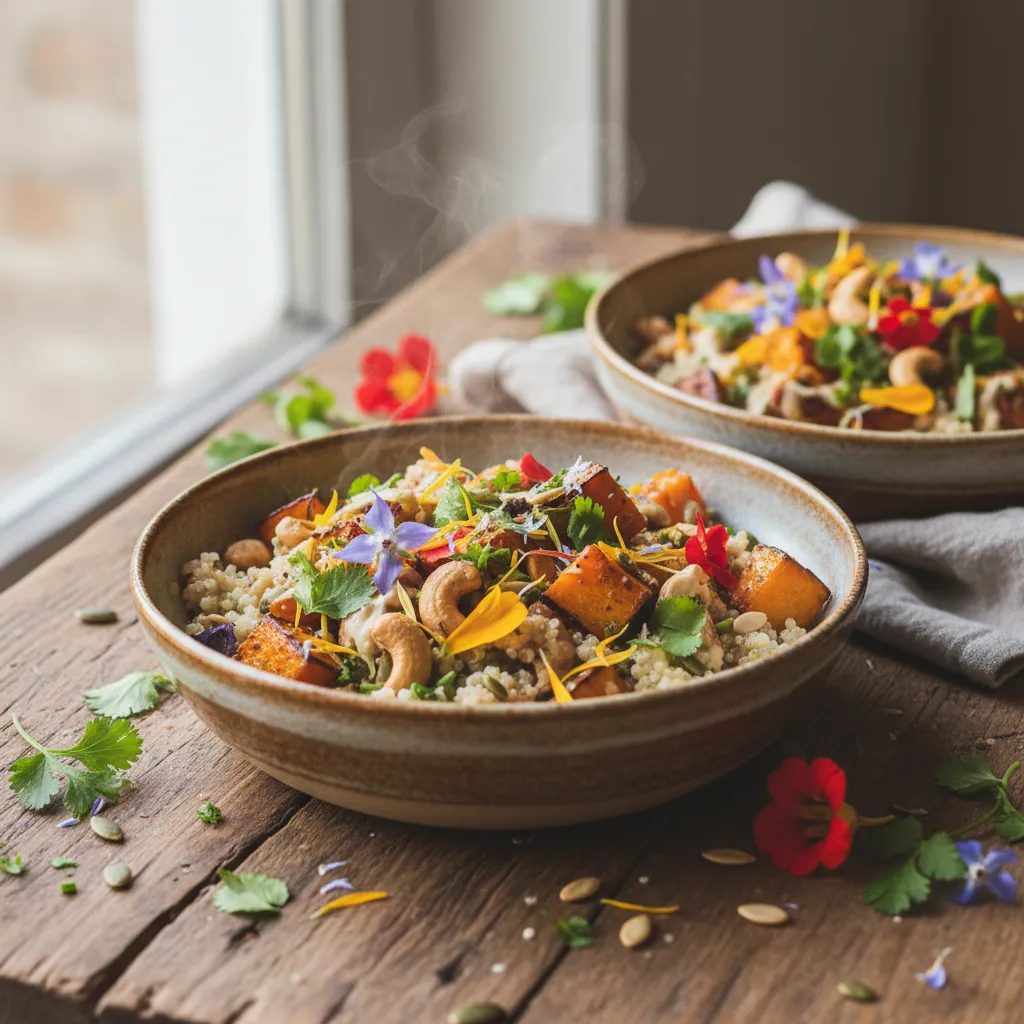 Savory Roasted Pumpkin and Cashew Quinoa Bowls with Edible Flowers