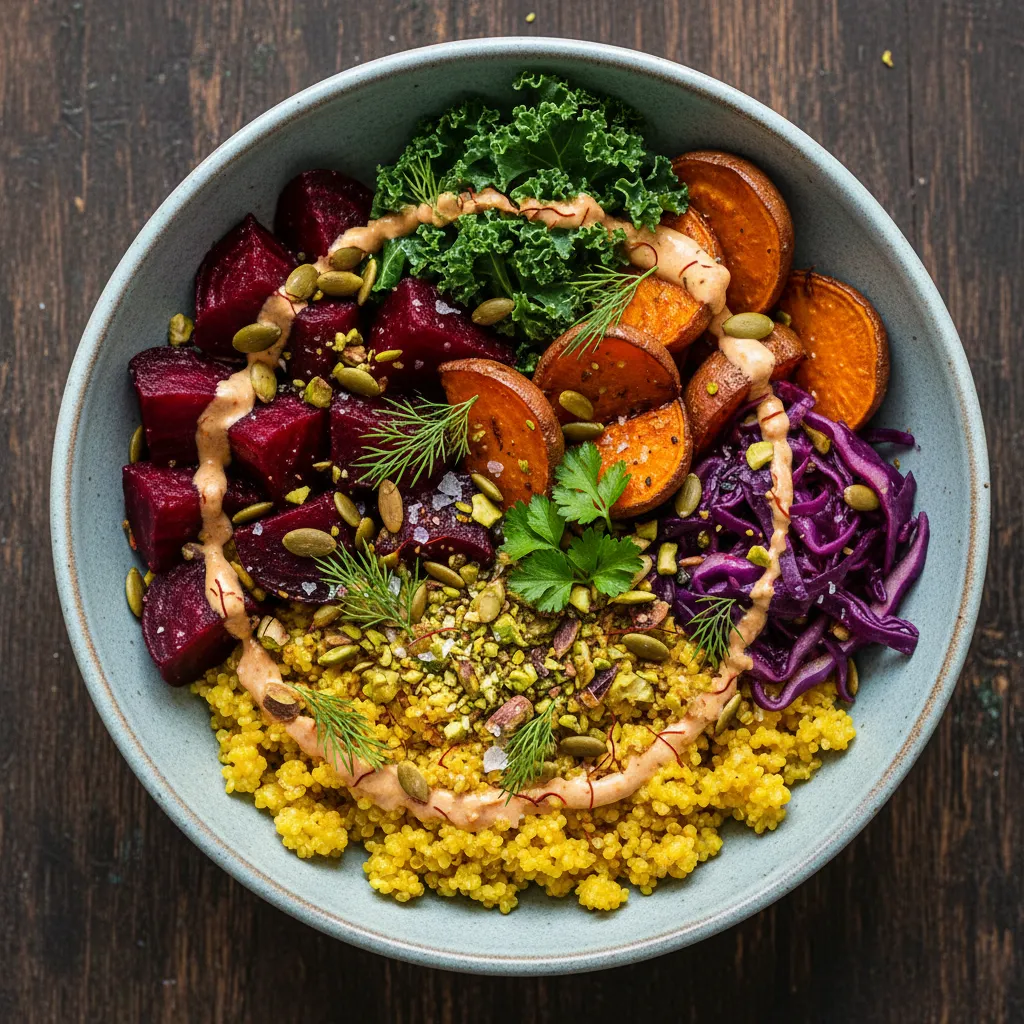 Savory Saffron-Infused Quinoa and Roasted Beet Buddha Bowl