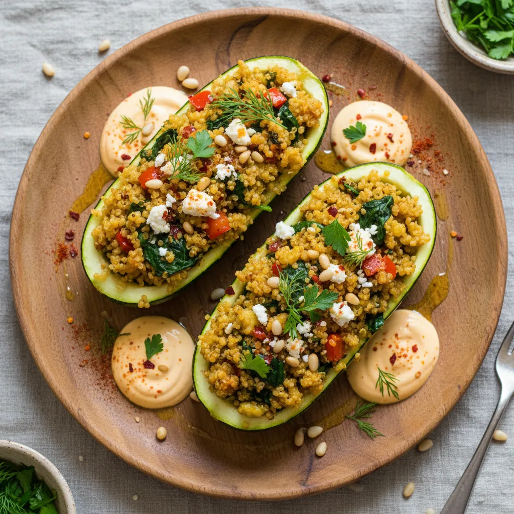 Savory Saffron and Spinach Quinoa Stuffed Zucchini Boats