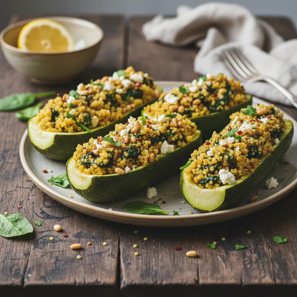 Savory Saffron and Spinach Quinoa Stuffed Zucchini Boats