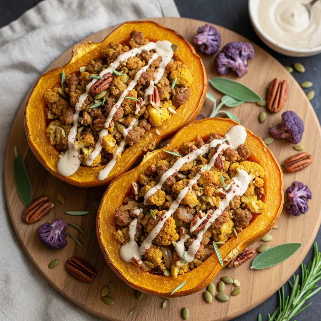 Savory Sage and Cauliflower Stuffed Acorn Squash with a Tahini Drizzle