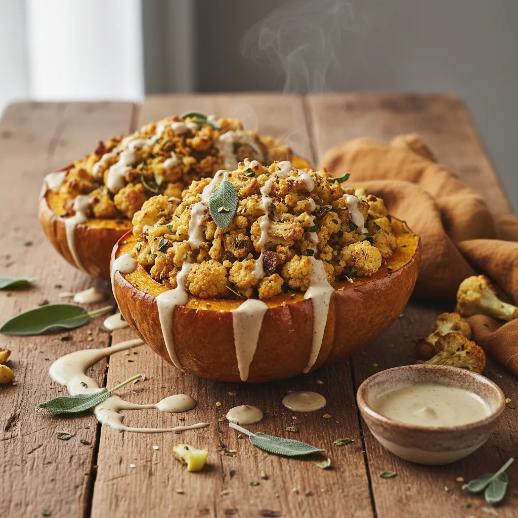 Savory Sage and Cauliflower Stuffed Acorn Squash with a Tahini Drizzle