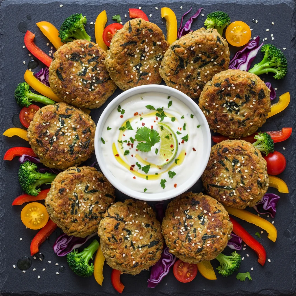 Savory Sesame Spirulina Veggie Patties with Zesty Yogurt Dip
