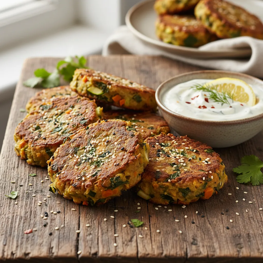 Savory Sesame Spirulina Veggie Patties with Zesty Yogurt Dip