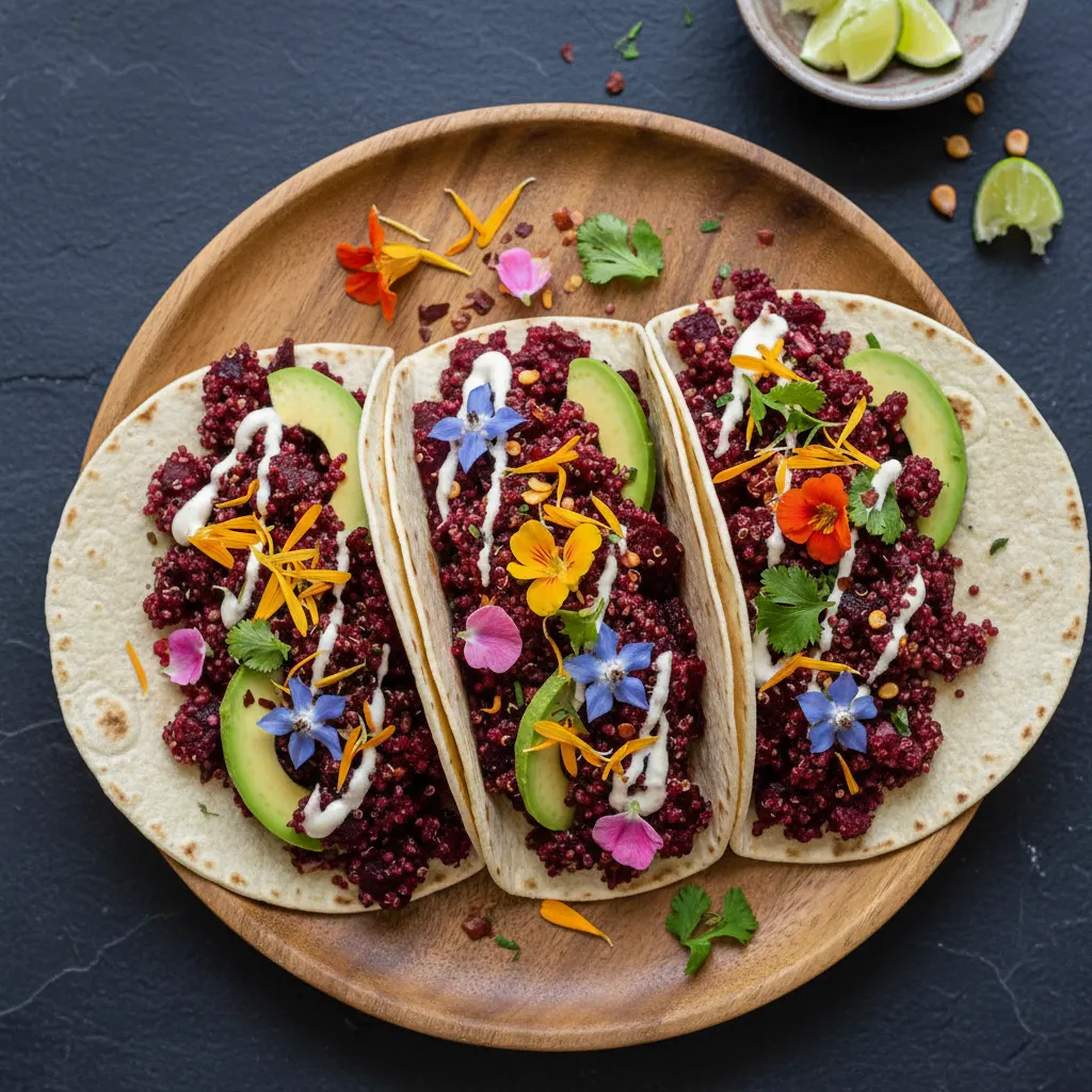 Savory Smoky Beet and Edible Flower Quinoa Tacos