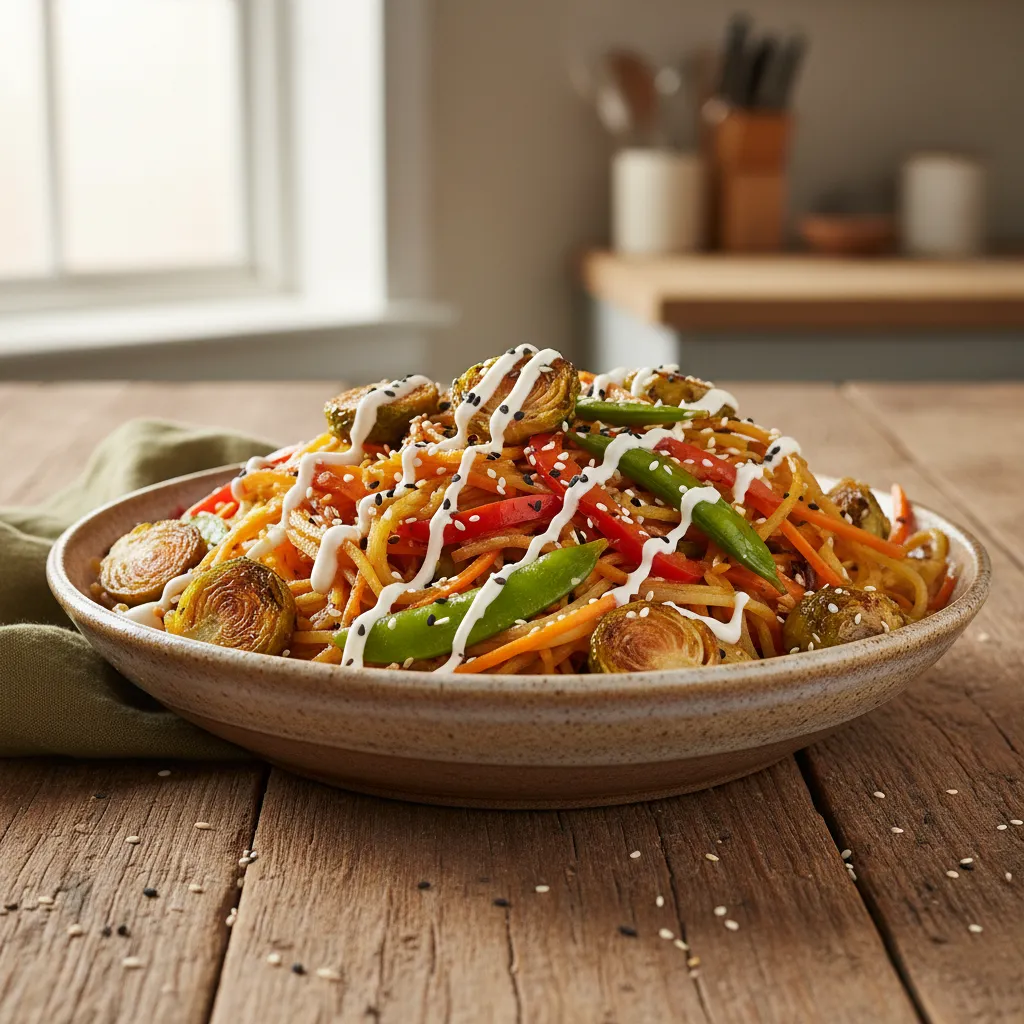 Savory Spaghetti Squash Stir-Fry with Miso Glazed Brussels Sprouts and Sesame Drizzle