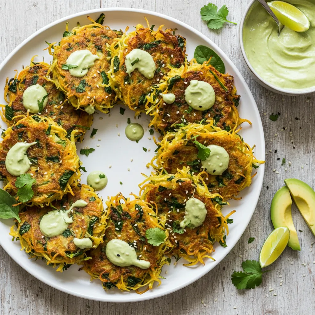 Savory Spaghetti Squash and Spinach Fritters with Avocado Tahini Sauce