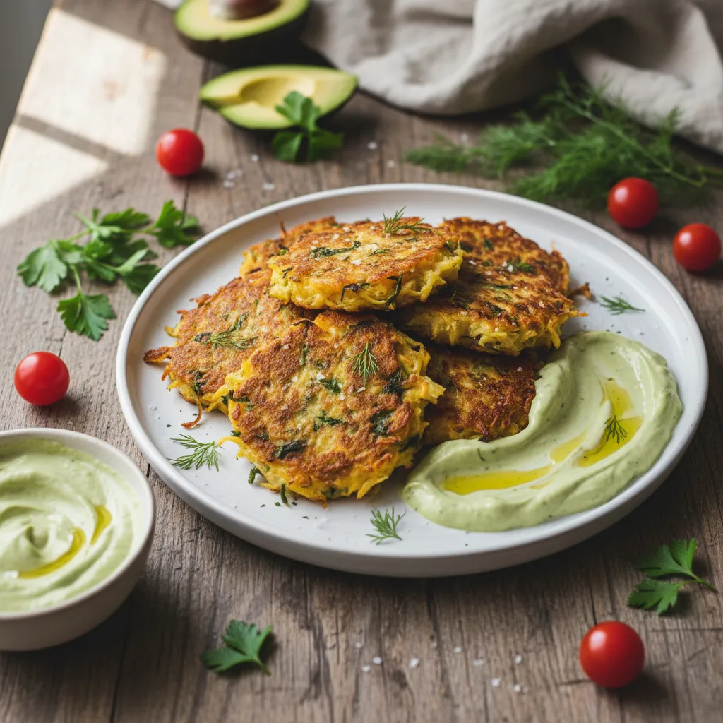 Savory Spaghetti Squash and Spinach Fritters with Avocado Tahini Sauce